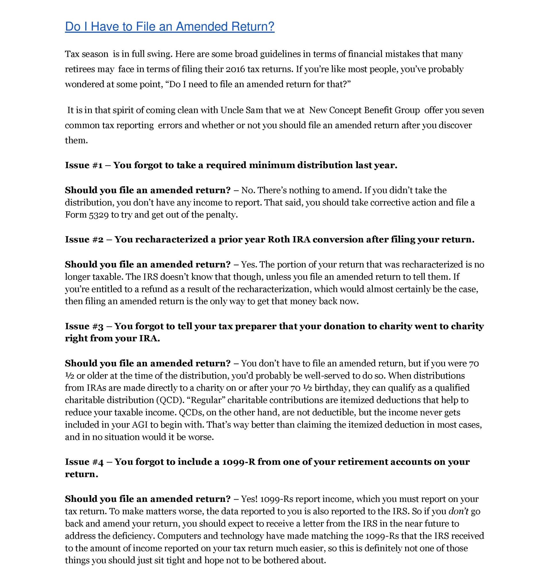 Article titled Do I File an Amended Return explaining tax rules.