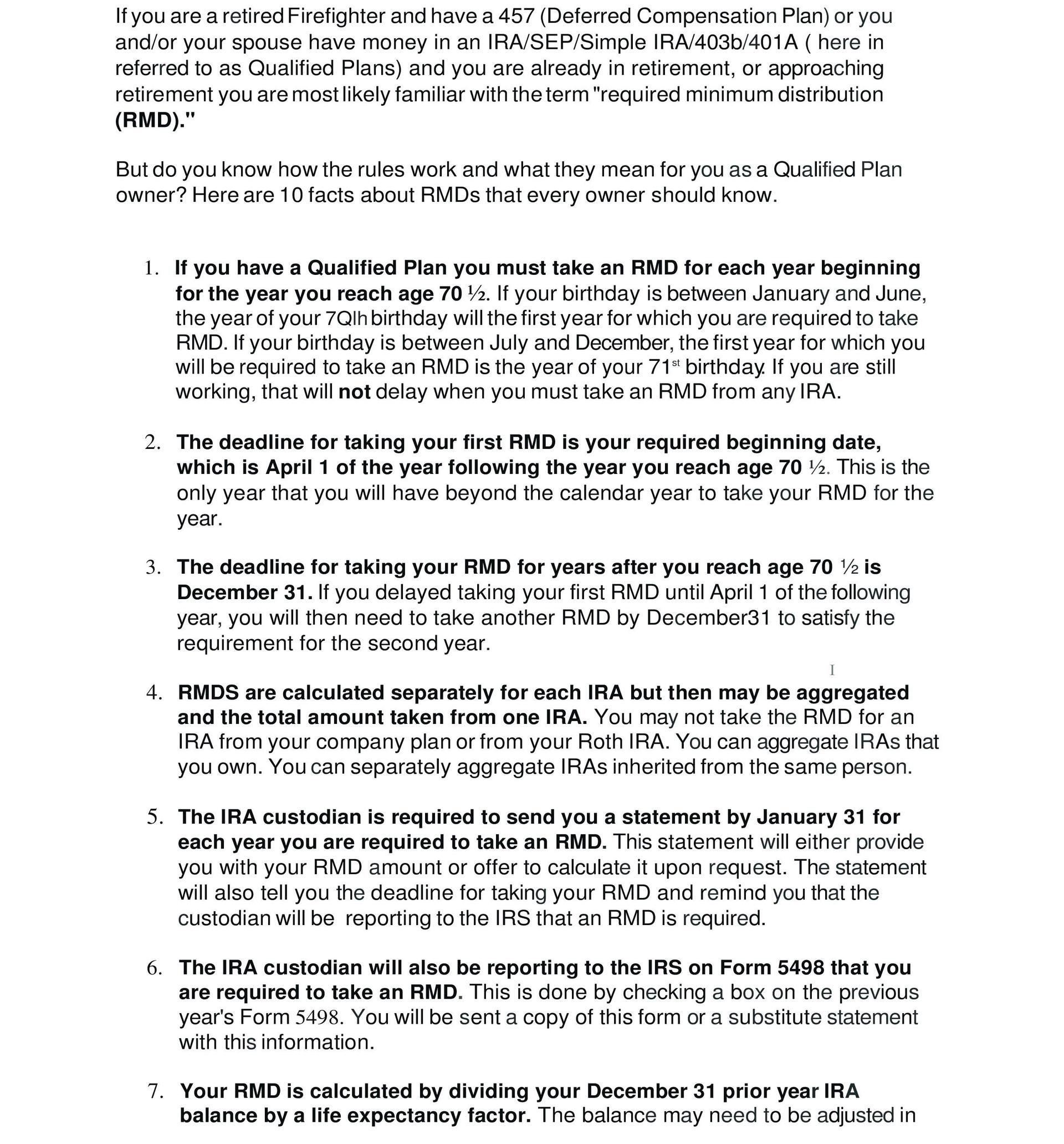 Document listing facts about Required Minimum Distributions (RMDs).