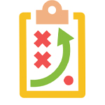 Clipboard icon with a strategy game plan diagram.