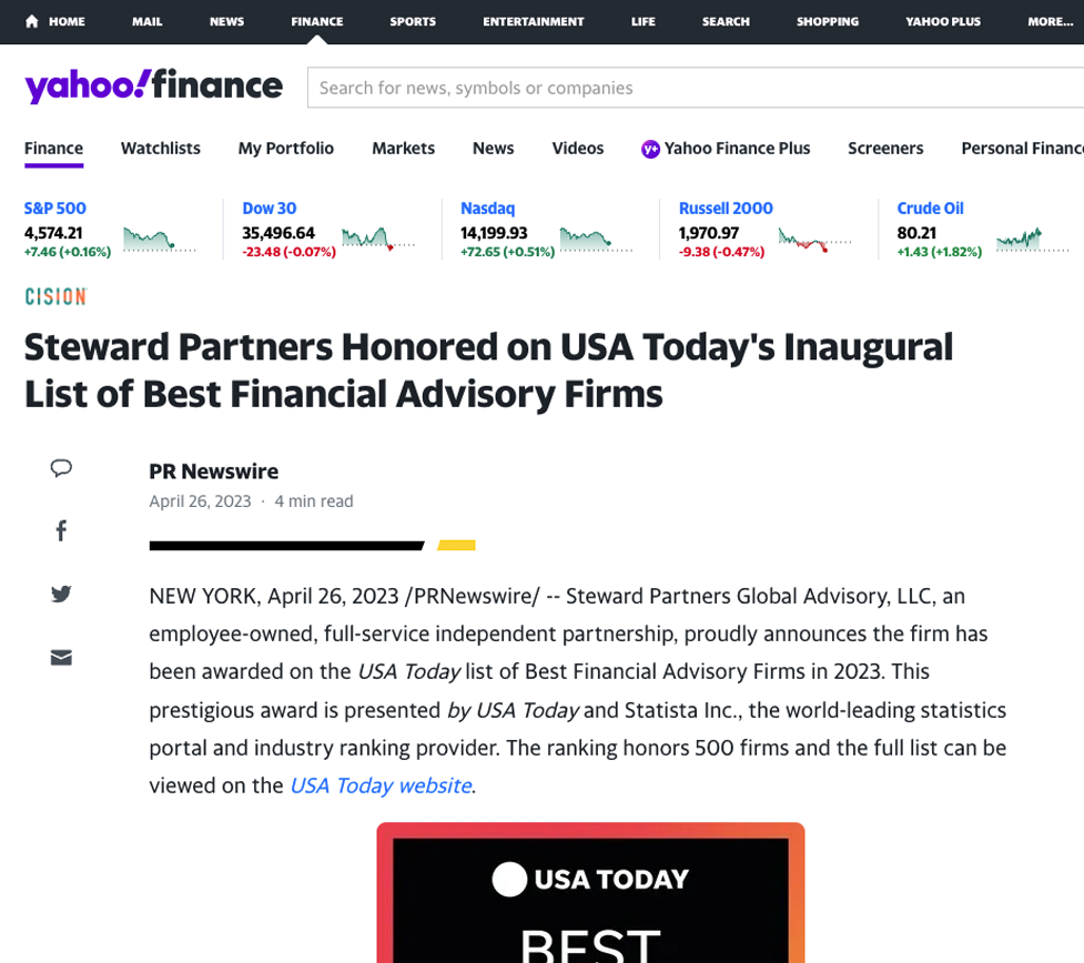 screenshot of Steward Partners Honored on USA Today's Inaugural List of Best Financial Advisory Firms article