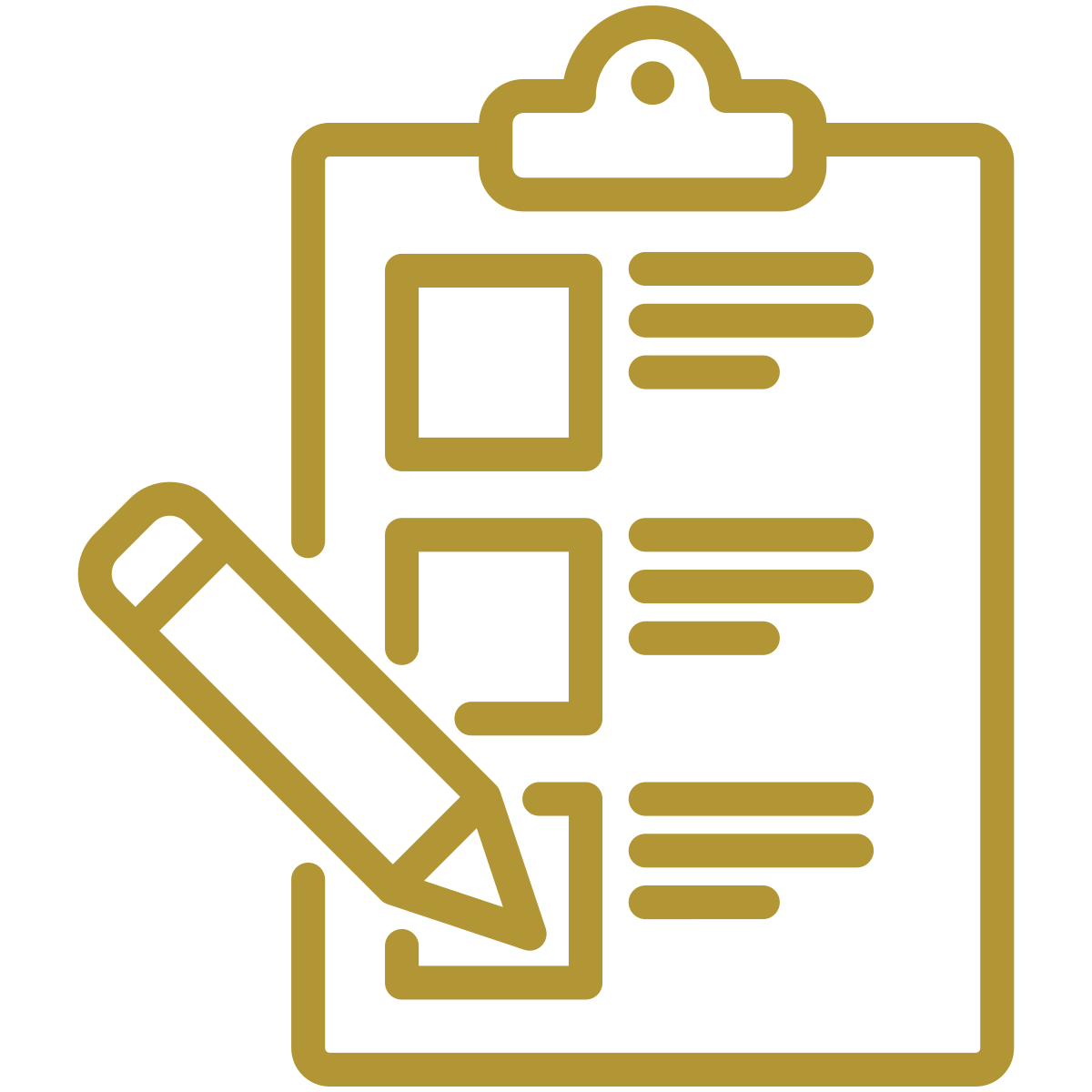 Gold icon of a clipboard with a pencil marking a checklist