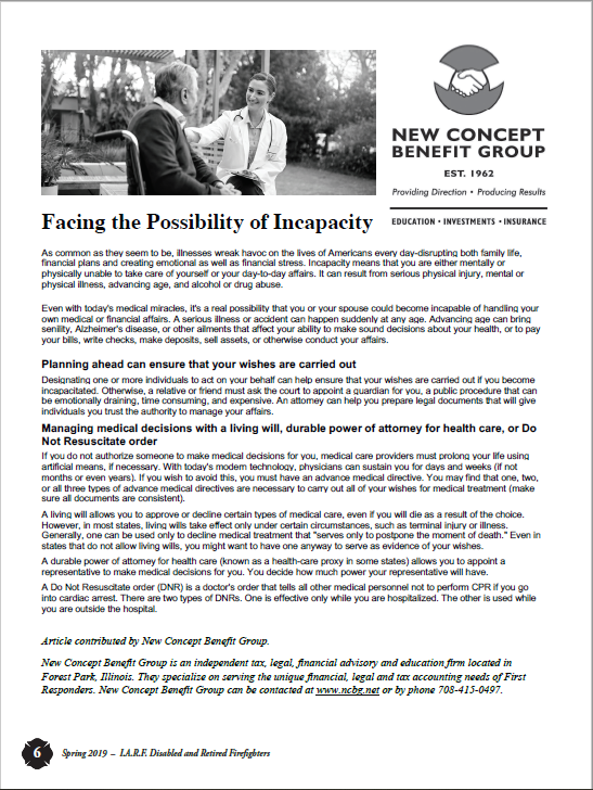 Facing the Possibility of Incapacity document by New Concept Benefit Group.