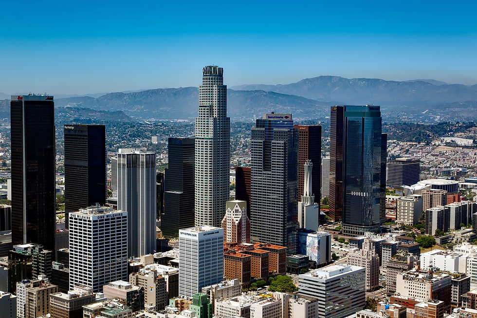 Downtown Los Angeles skyline with mountains