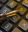Fountain pen resting on a calculator keypad.