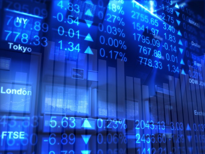 Global stock market data display with financial indices.