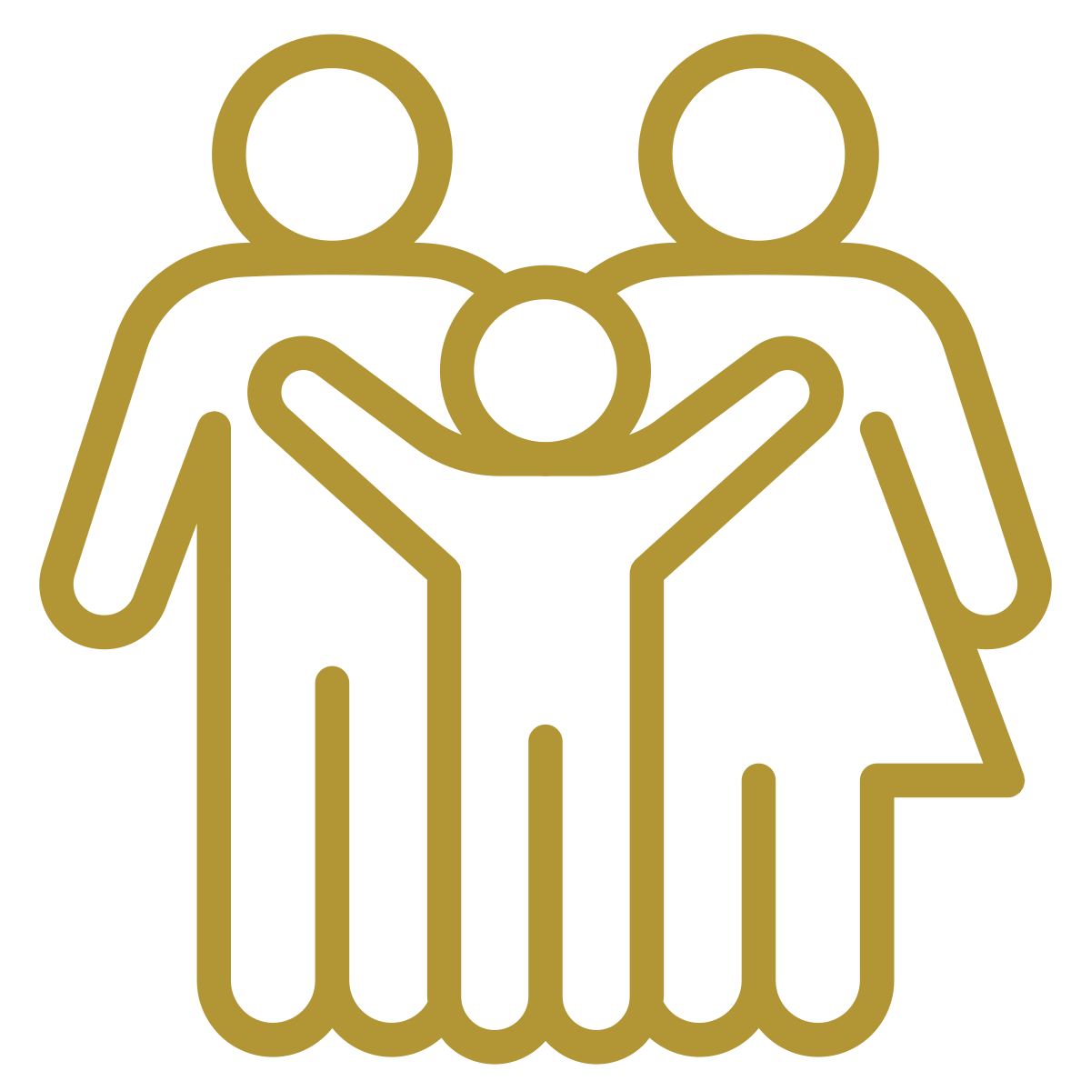Gold outline icon of a family with two adults and a child