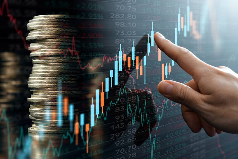 Hand pointing at rising stock market candlestick chart
