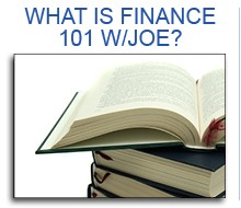 Stack of books with What is Finance 101 w/ Joe text.