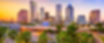 City skyline with tall buildings and palm trees at sunset