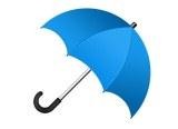 Open blue umbrella with a curved black handle