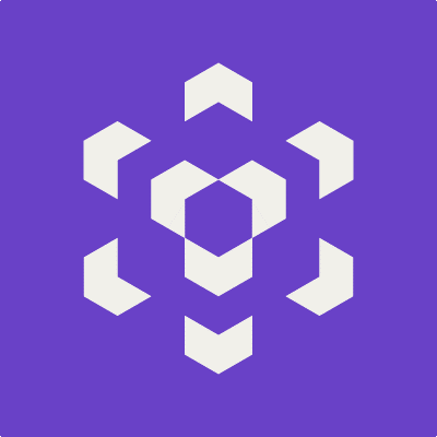 White geometric snowflake icon on a purple background