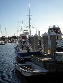 Fishing boats and yachts docked at a sunny marina