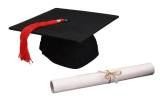 Black graduation cap with red tassel and rolled diploma