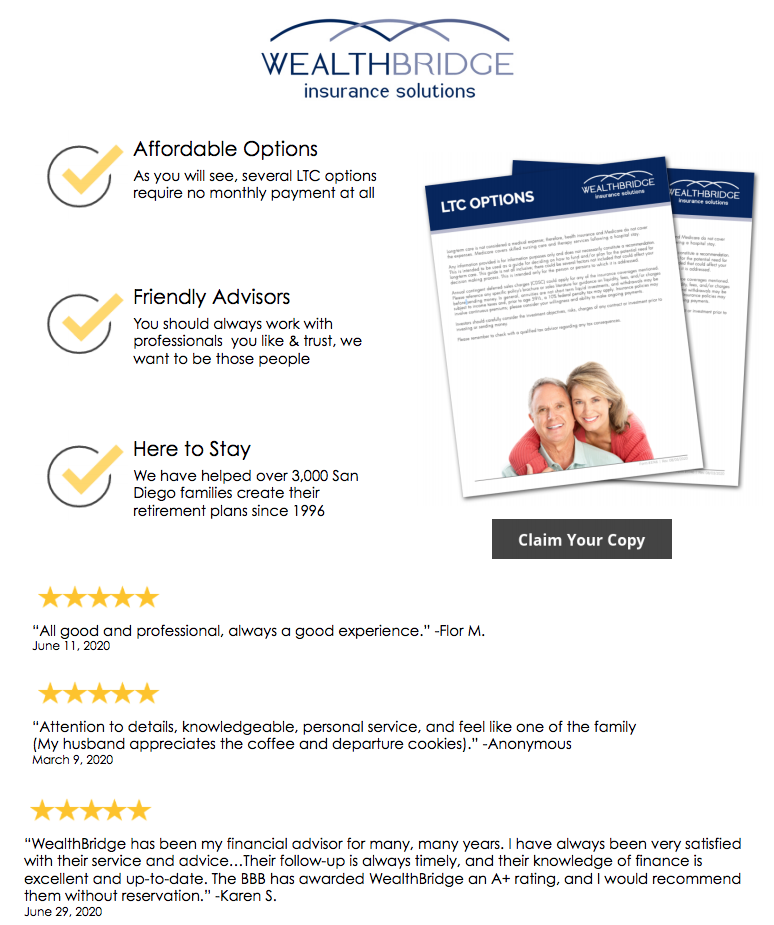 WealthBridge Insurance solutions page with LTC options and reviews.