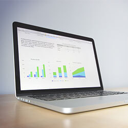 Laptop screen displaying financial growth charts and data.