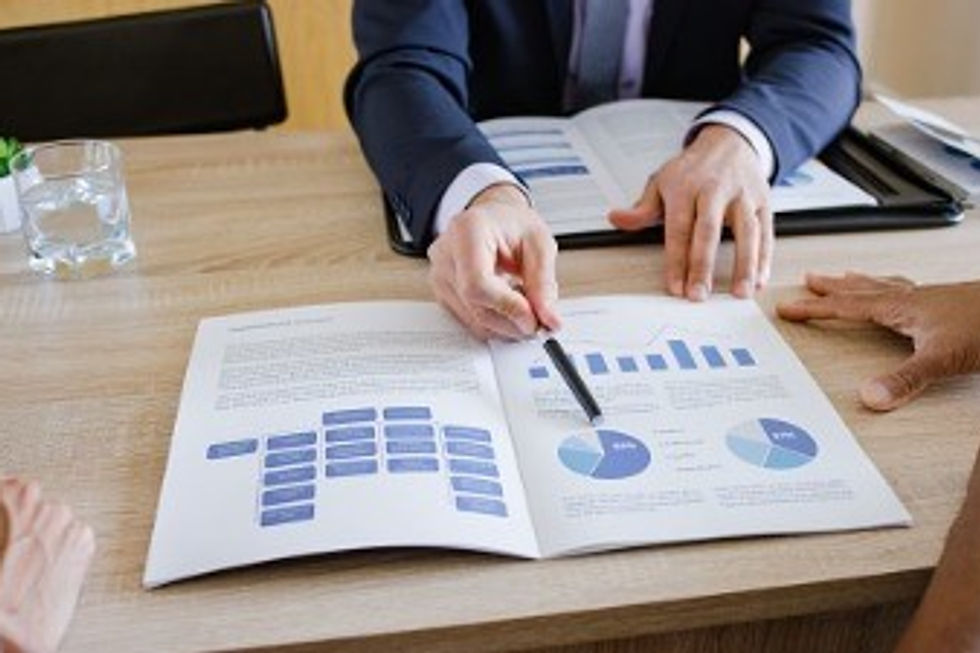 Professional pointing to charts in a business report