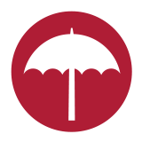 White umbrella icon inside a red circle