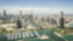 Aerial view of Chicago city skyline with river and marina