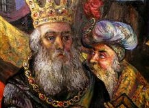 Painting of a bearded king in a crown with an advisor.