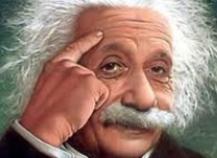 Albert Einstein thinking with a finger to his forehead