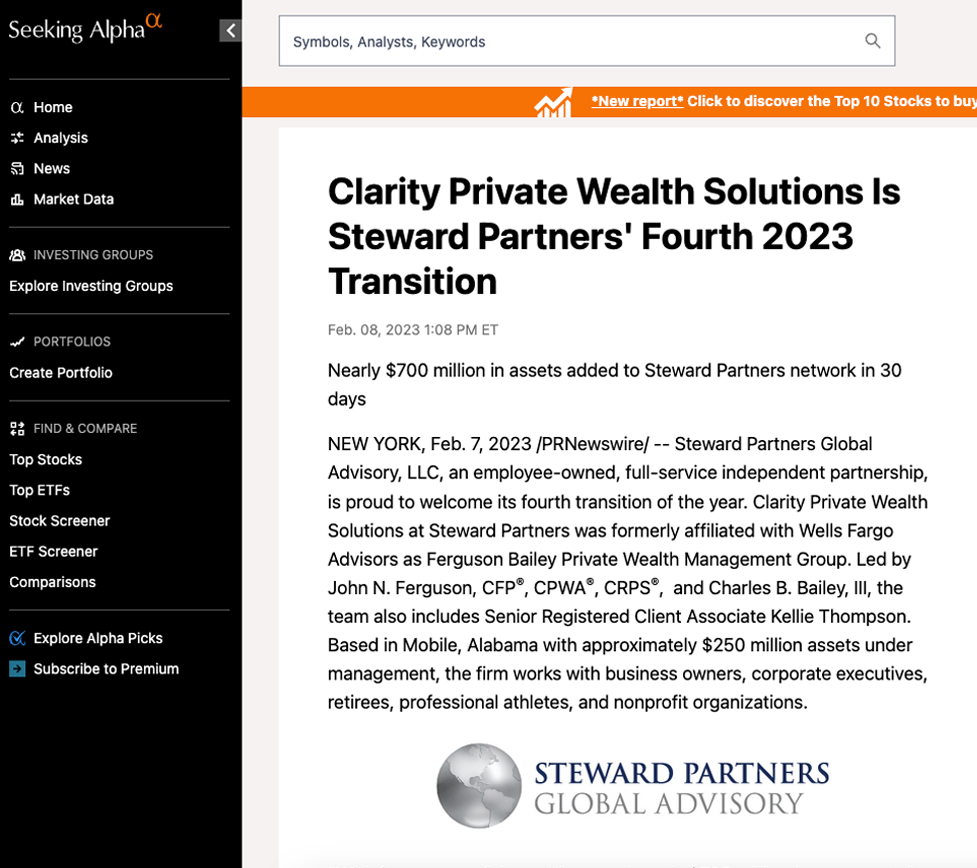 screenshot of Clarity Private Wealth Solutions Is Steward Partners' Fourth 2023 Transition article