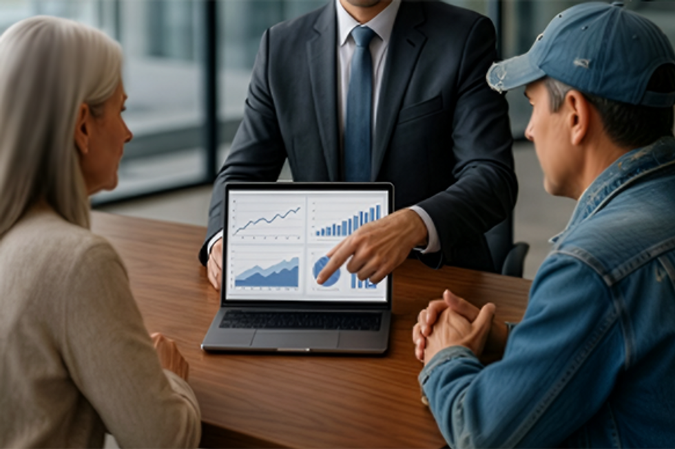 Professional pointing to growth charts on a laptop screen