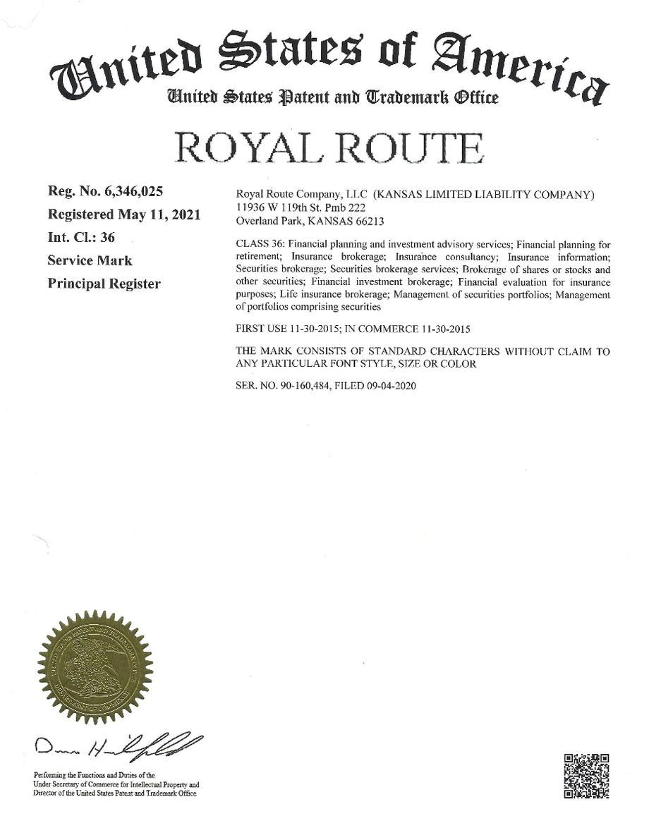Royal Route Trademark Registration Certificate
