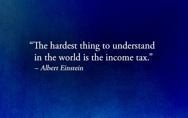 Albert Einstein quote about income tax on blue background