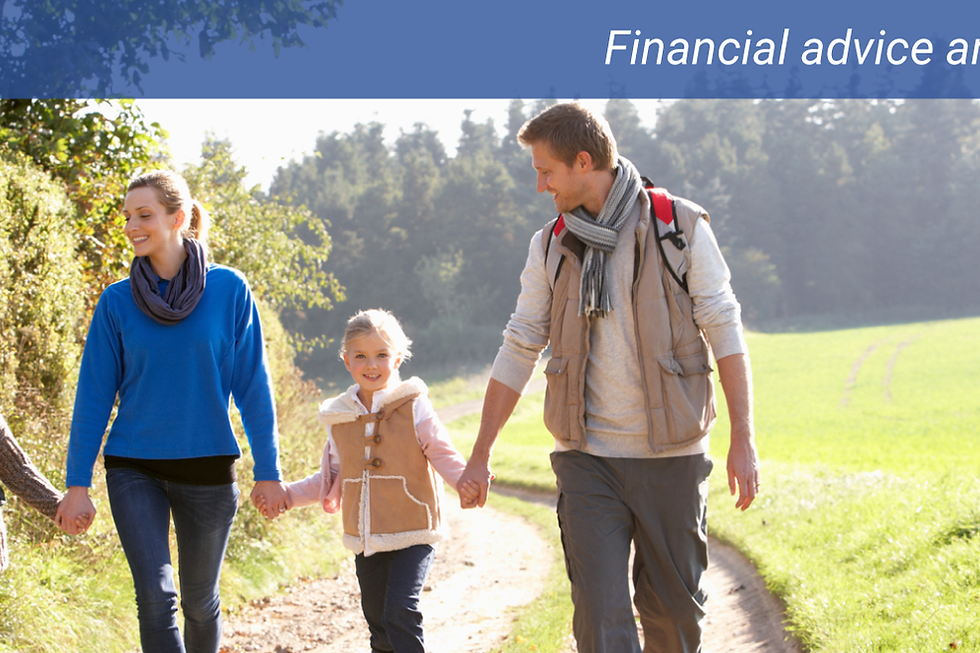 Family walking outdoors with financial advice text