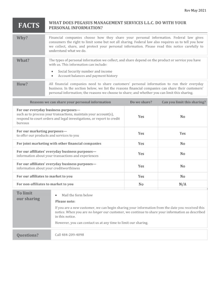 Financial privacy policy document with facts and data table.