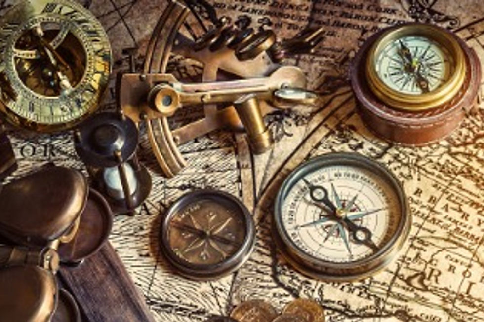 Vintage compasses, sextant, and hourglass on an old map