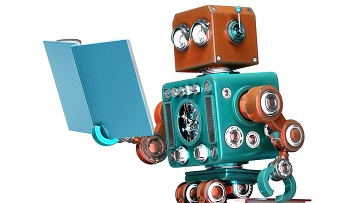 Small vintage-style robot reading a blue book.