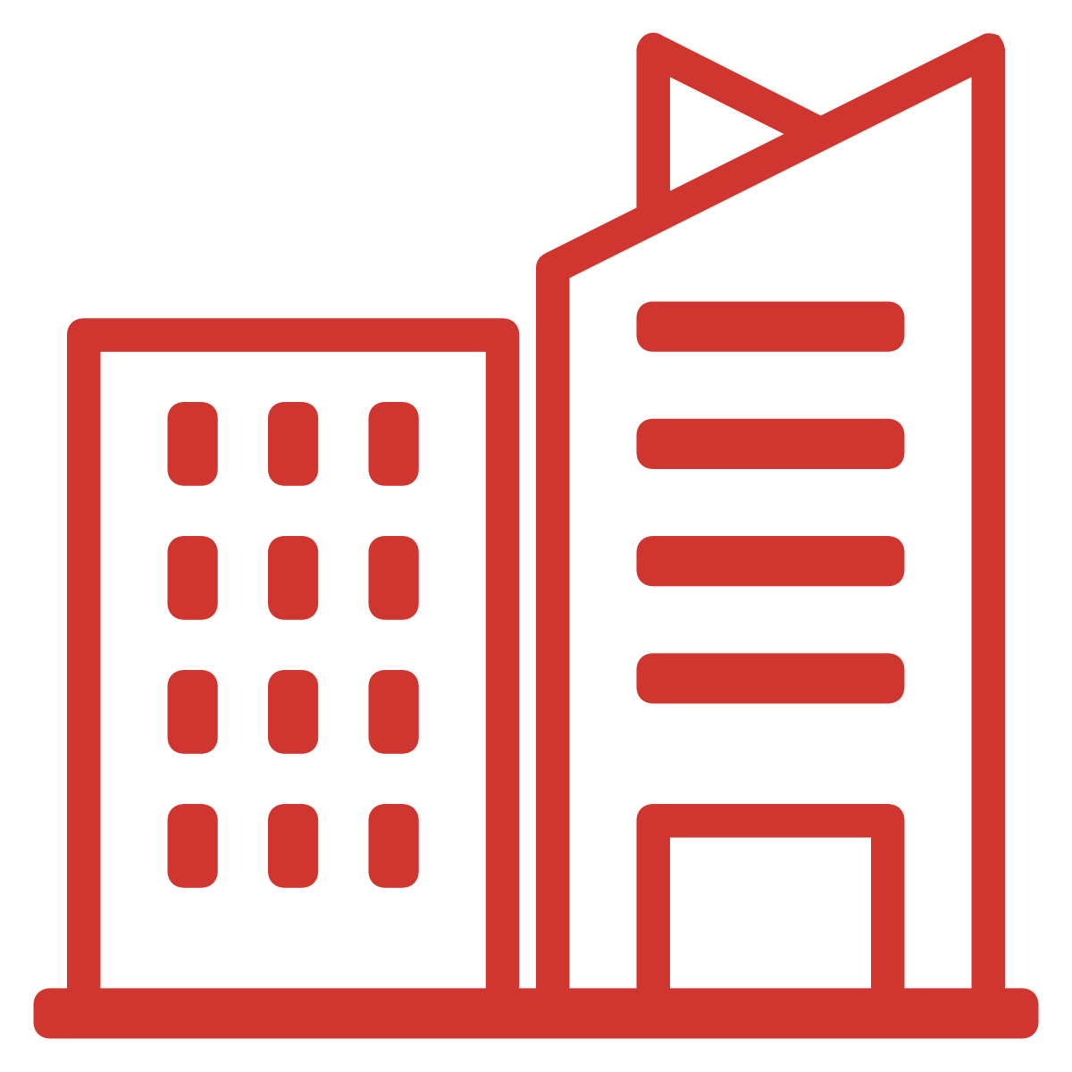 Red line icon of two office buildings