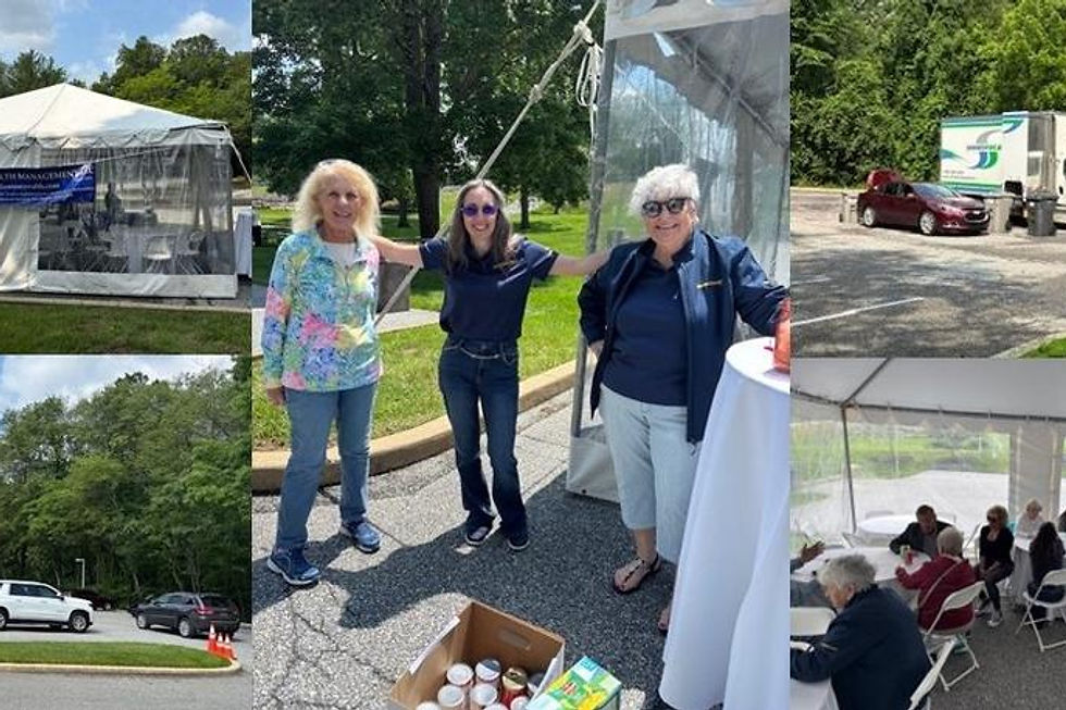 Outdoor event collage with staff and white canopy tent