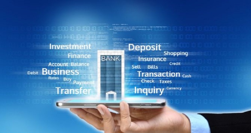 Hand holding smartphone with digital bank and finance icons