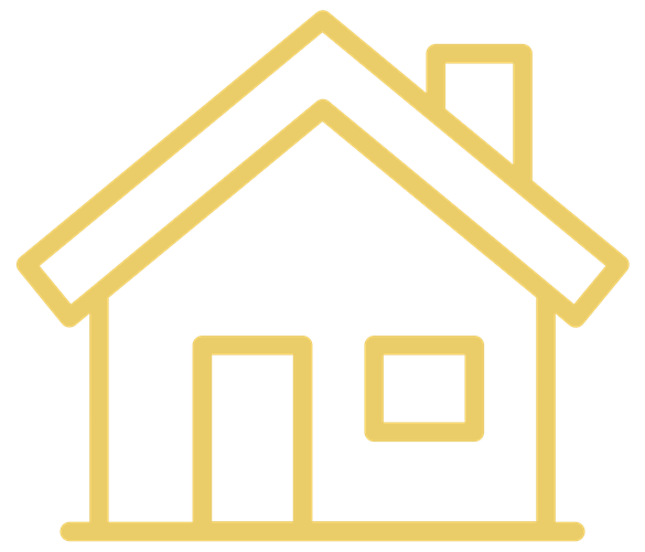 Gold outline icon of a house with a chimney and window