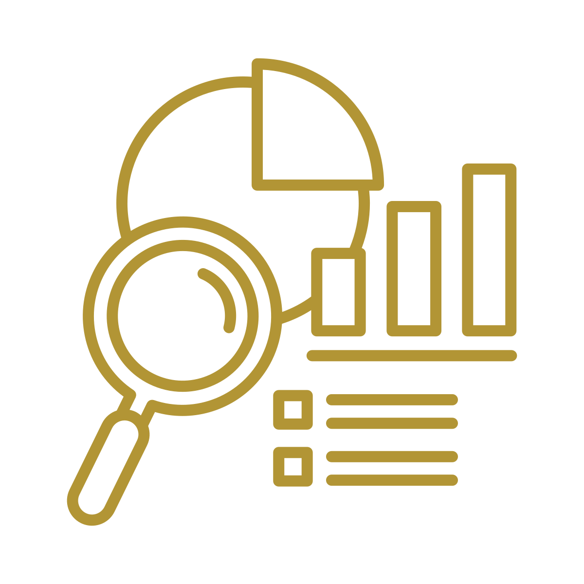 Magnifying glass over pie chart, bar graph, and checklist