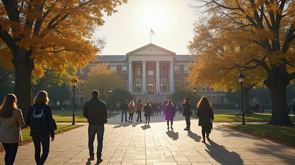 Wide angle view of a university campus with students around
