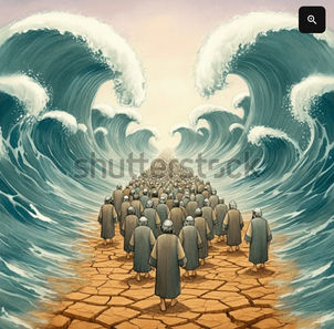 KIDS water COLOR STYLE image of the story of the bible, hundreds of hassidic ancient jews crossing in even rows dry earth in a splitting sea with both sides tall waves, back view, cute kids book illustration