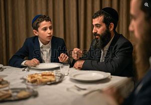 AI Generated - Children with an ultra-Orthodox father sit at a Shabbat table with a guest as the child talks to the guest