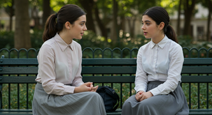 Two jewish teen girls talking on a bench | Adeena Klein