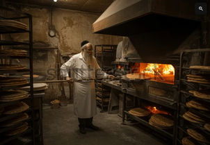 create a hyper-realistic wide-angle scene of an elderly Jewish man with a long gray beard, dressed in traditional modest clothing, standing in a rustic bakery. He is carefully using a long wooden peel to place a thin, round Passover matzah into a glowing