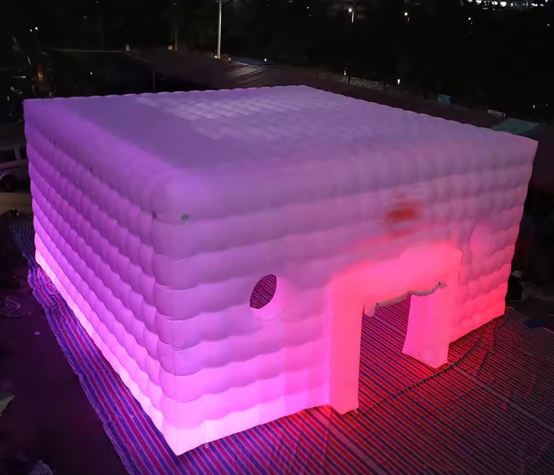 Inflatable tent lights up in the night