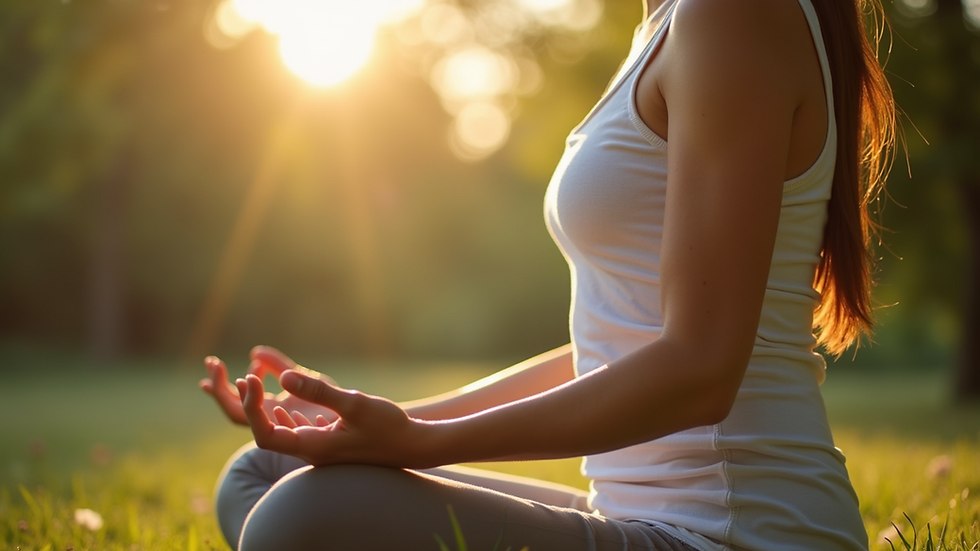 Close-up view of a person meditating in a serene outdoor setting