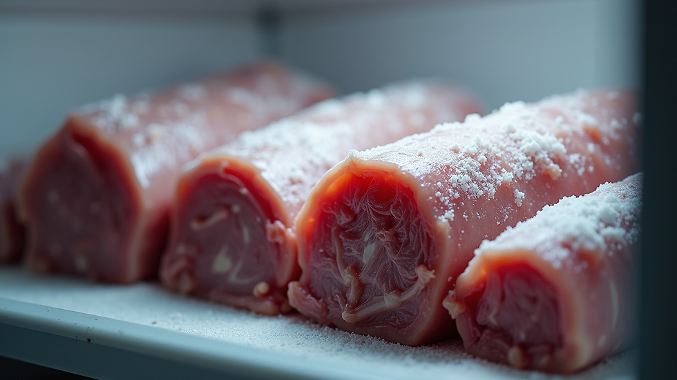 Close-up view of frozen packaged bulk meat in a home freezer