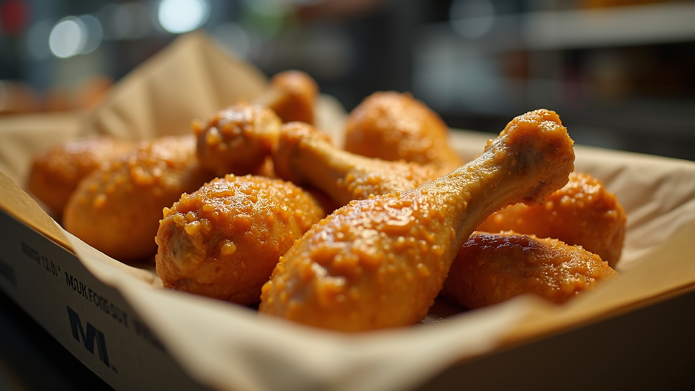 Eye-level view of packaged chicken drumsticks ready for delivery