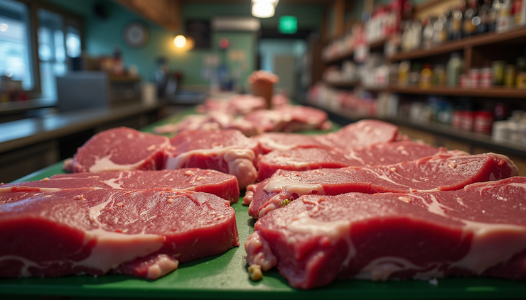 Eye-level view of a butcher shop counter displaying fresh cuts of beef and pork