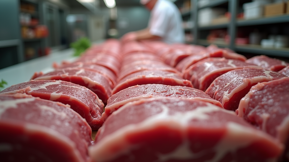Eye-level view of fresh cuts of beef neatly arranged in a butcher shop