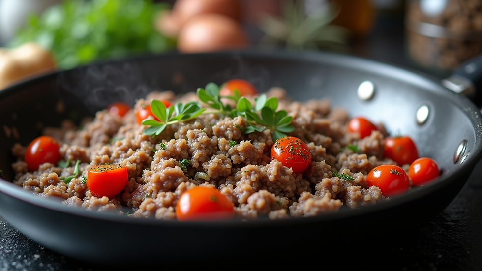 Eye-level view of a skillet with ground elk meat cooking with herbs