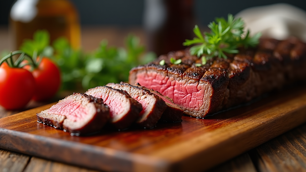 Eye-level view of grilled flank steak sliced on wooden board